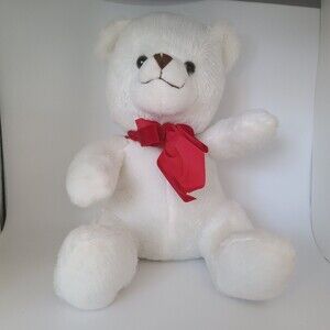 Hobby Lobby 10" White Teddy Bear Red Bow Embroidered Nose Bead Eyes